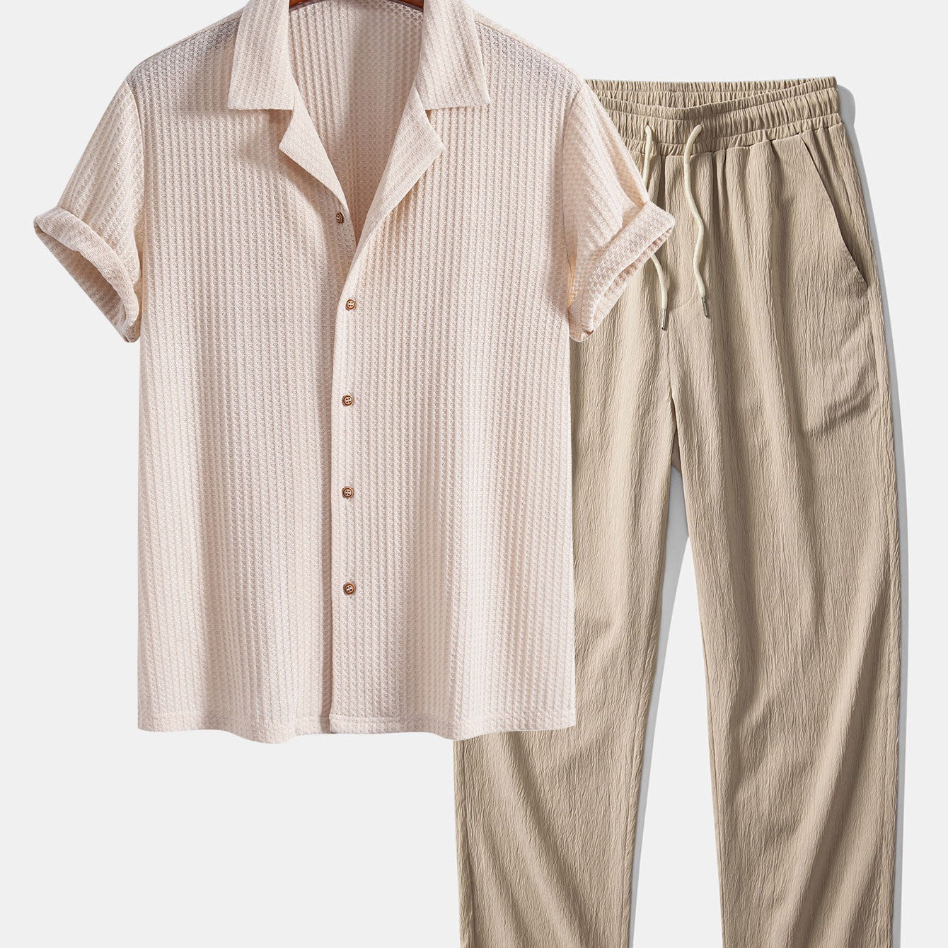 Cuban Collar Short Sleeve Knitted Waffle Shirt with Crinkle Textured Straight Leg Pants