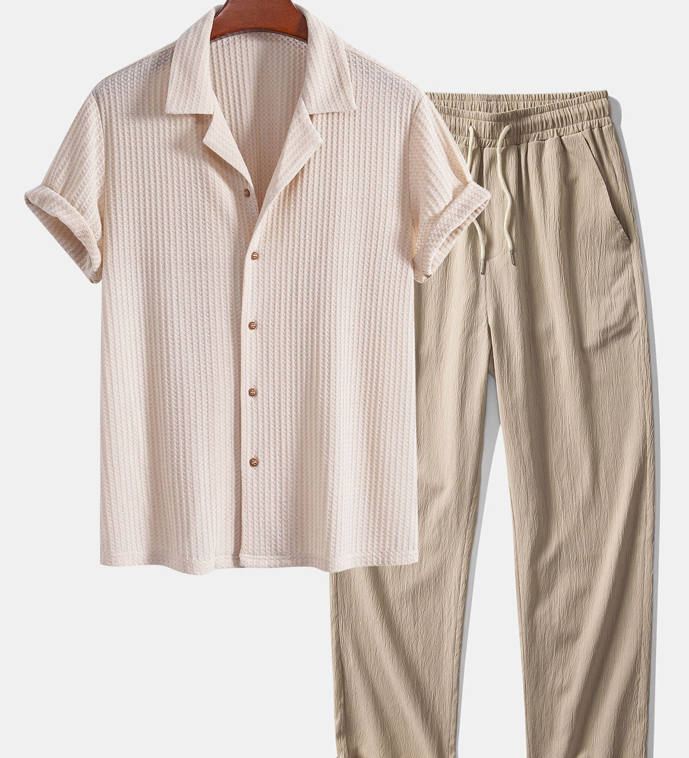 Cuban Collar Short Sleeve Knitted Waffle Shirt with Crinkle Textured Straight Leg Pants
