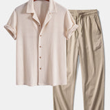 Cuban Collar Short Sleeve Knitted Waffle Shirt with Crinkle Textured Straight Leg Pants