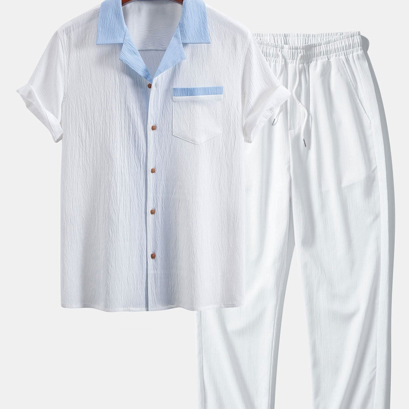Textured Cuban Shirt with Contrast Details & Straight-Leg Trousers