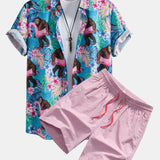 Tropical Print Button-Up Shirt and Swim Shorts Featuring Orangutans