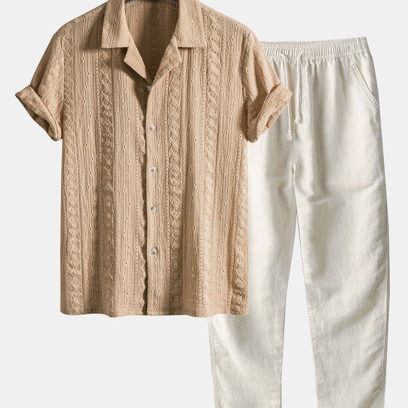 Geometric Jacquard Cuban Shirt with Straight-Leg Linen Trousers