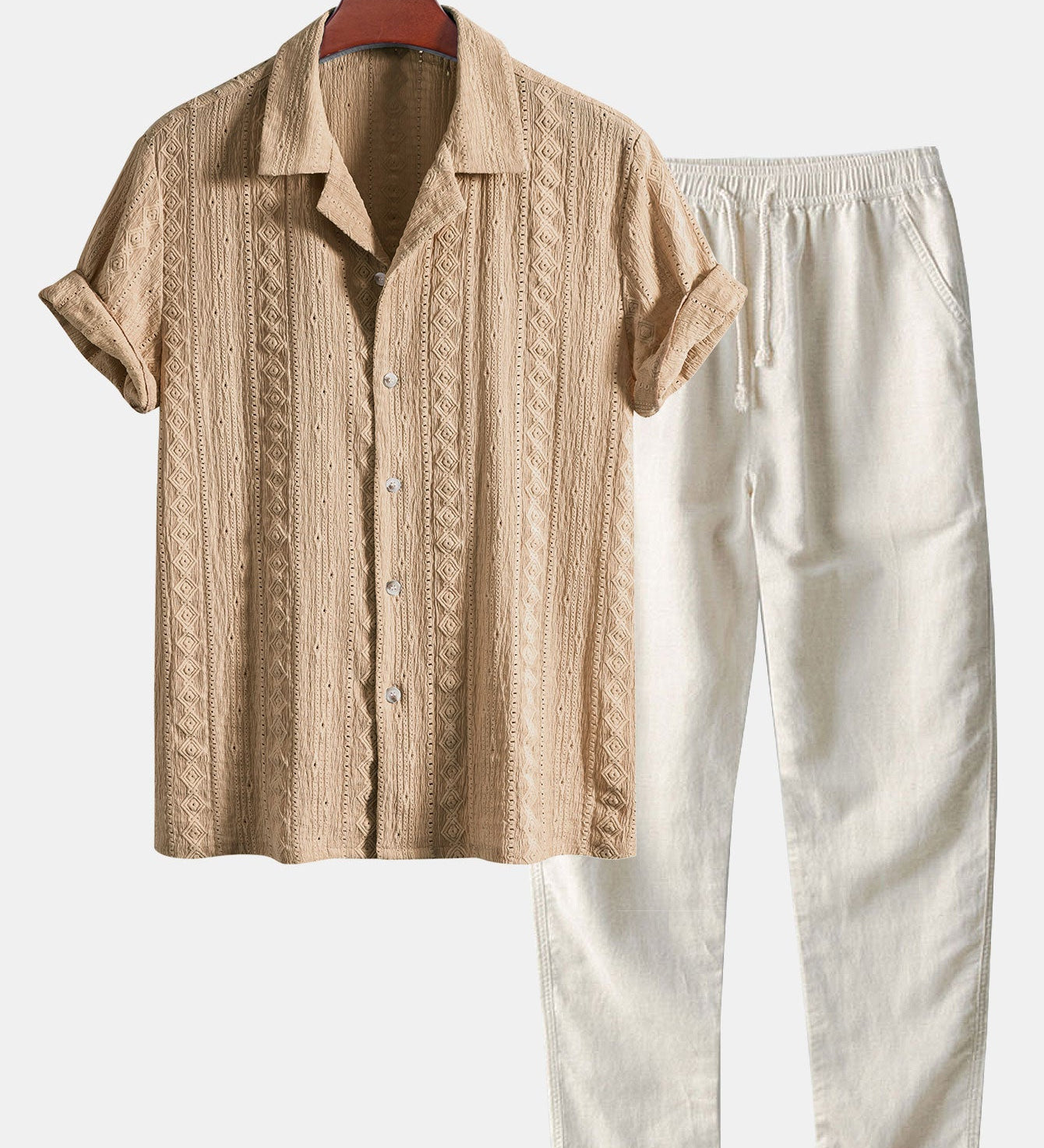 Geometric Jacquard Cuban Shirt with Straight-Leg Linen Trousers