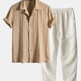 Geometric Jacquard Cuban Shirt with Straight-Leg Linen Trousers