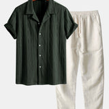 Geometric Rhombus Jacquard Knit Cuban Shirt with Straight Leg Linen Trousers