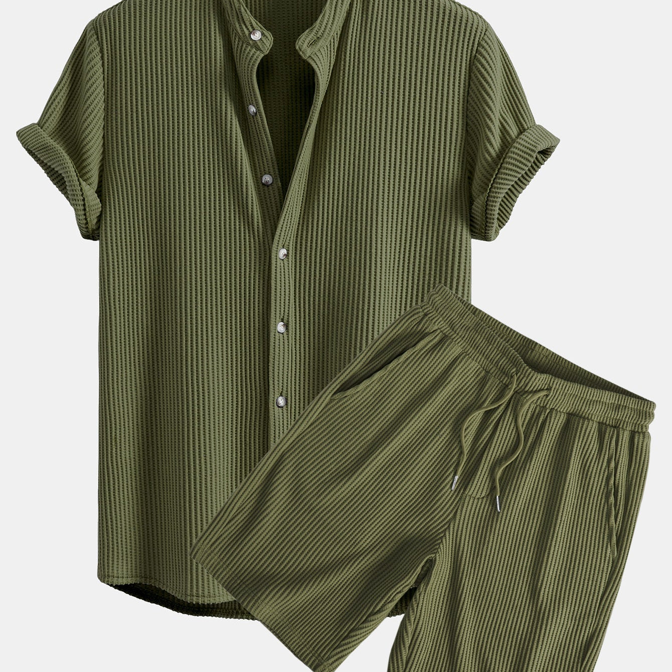 Waffle Textured Stand Collar Shirt with Drawstring Waffle Shorts