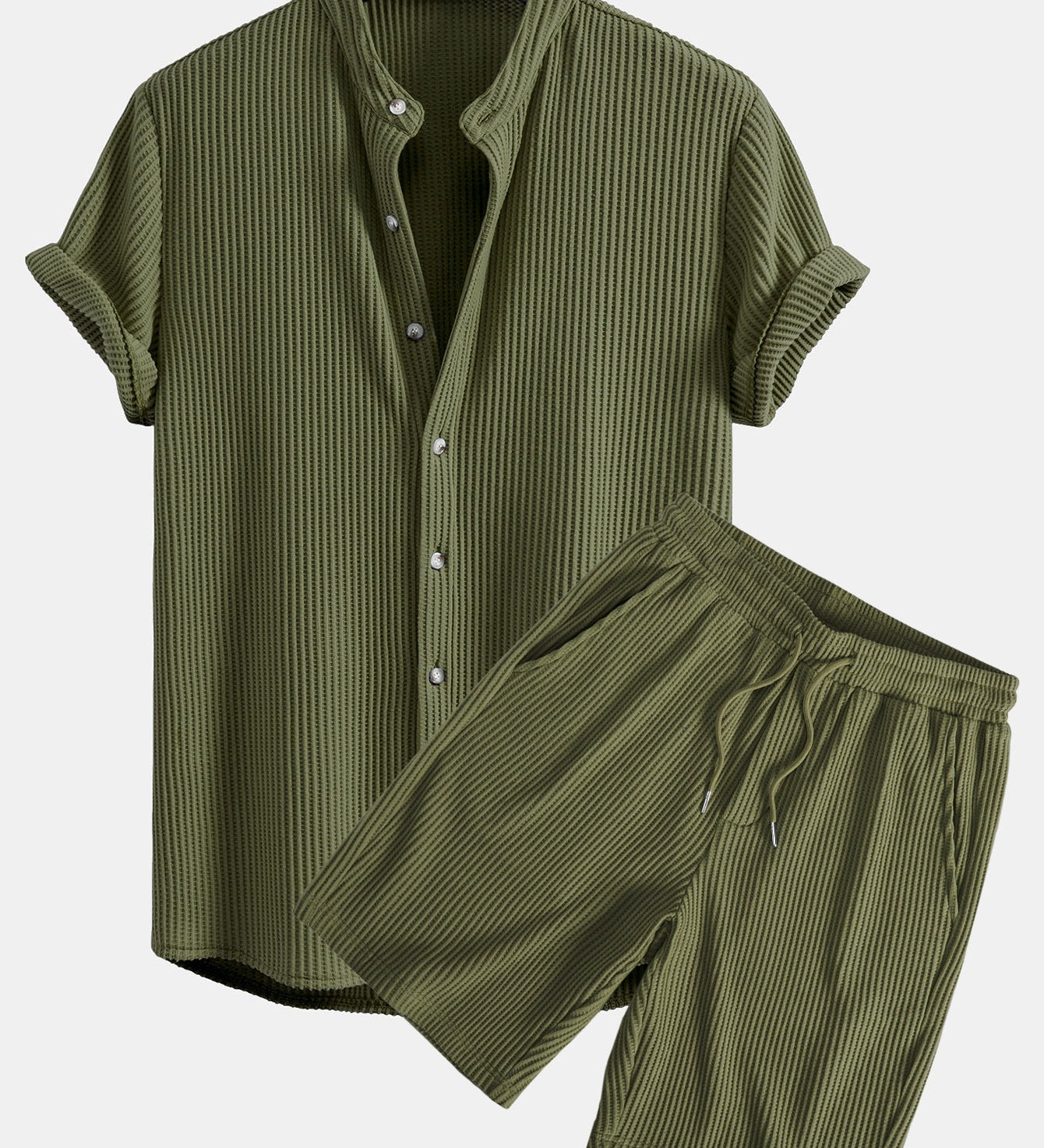 Waffle Textured Stand Collar Shirt with Drawstring Waffle Shorts