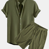 Waffle Textured Stand Collar Shirt with Drawstring Waffle Shorts