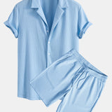 Ribbed Muscle Fit Cuban Shirt with Drawstring Ribbed Shorts