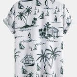 Island-Inspired Sailing Print Button-Up Shirt with Solid Drawstring Swim Shorts