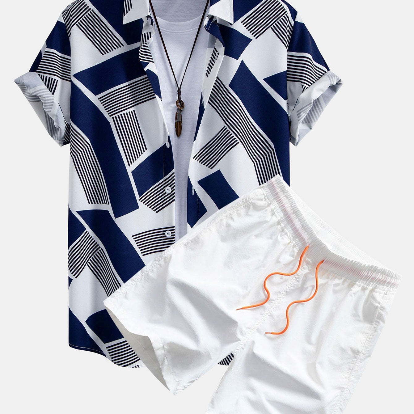 Geometric Color Block Button-Up Shirt with Matching Swim Shorts