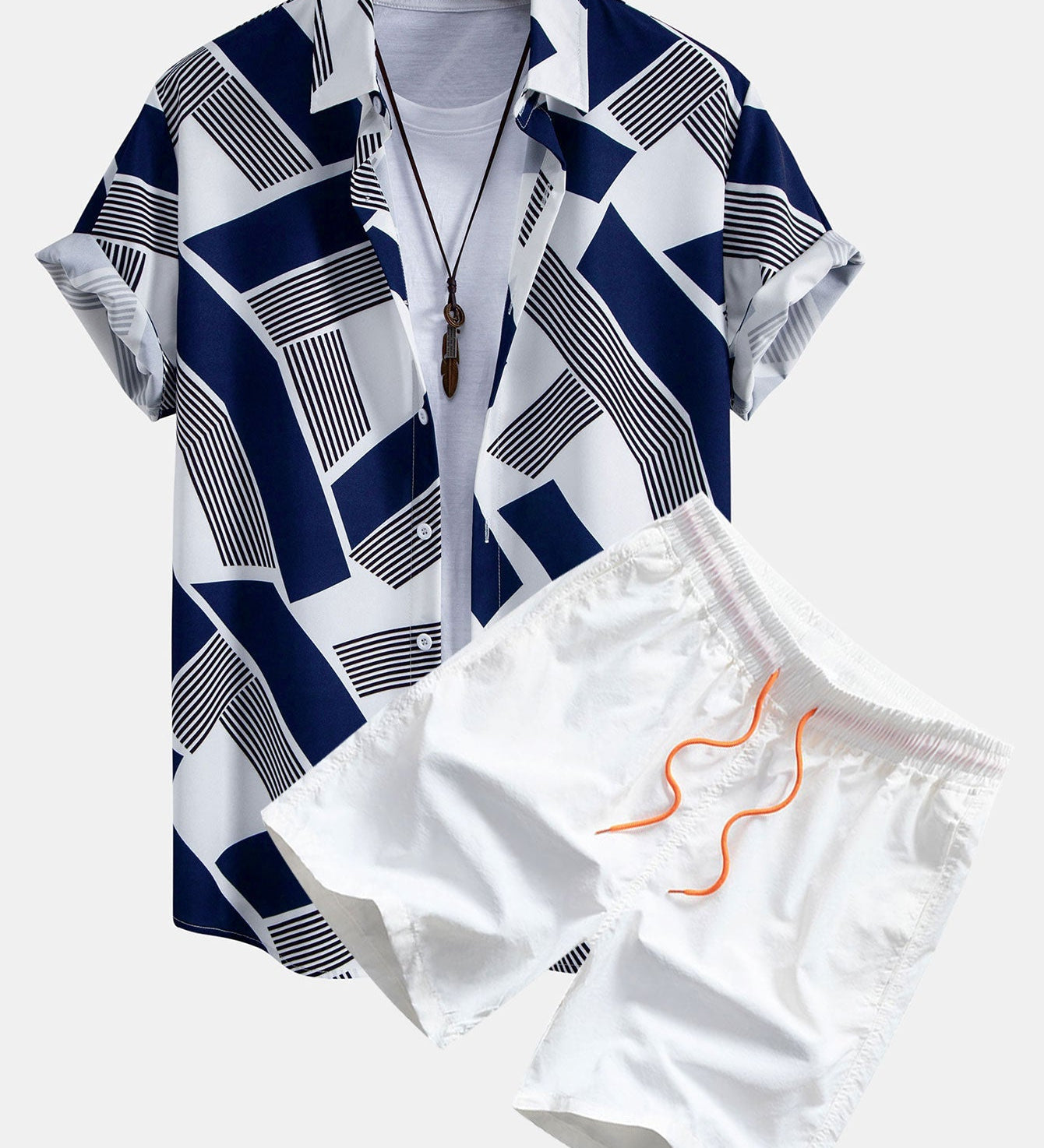 Geometric Color Block Button-Up Shirt with Matching Swim Shorts