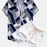Geometric Color Block Button-Up Shirt with Matching Swim Shorts