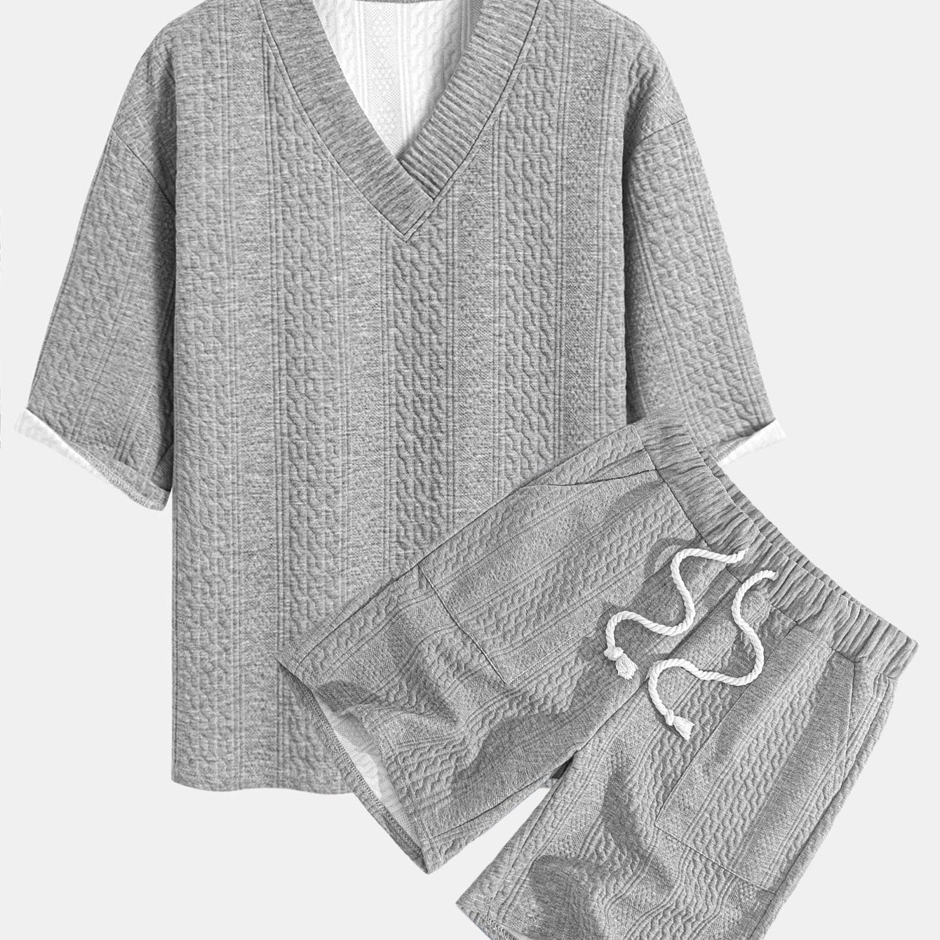 Relaxed Fit Geometric Jacquard V-Neck T-Shirt with Three-Quarter Sleeves and Shorts