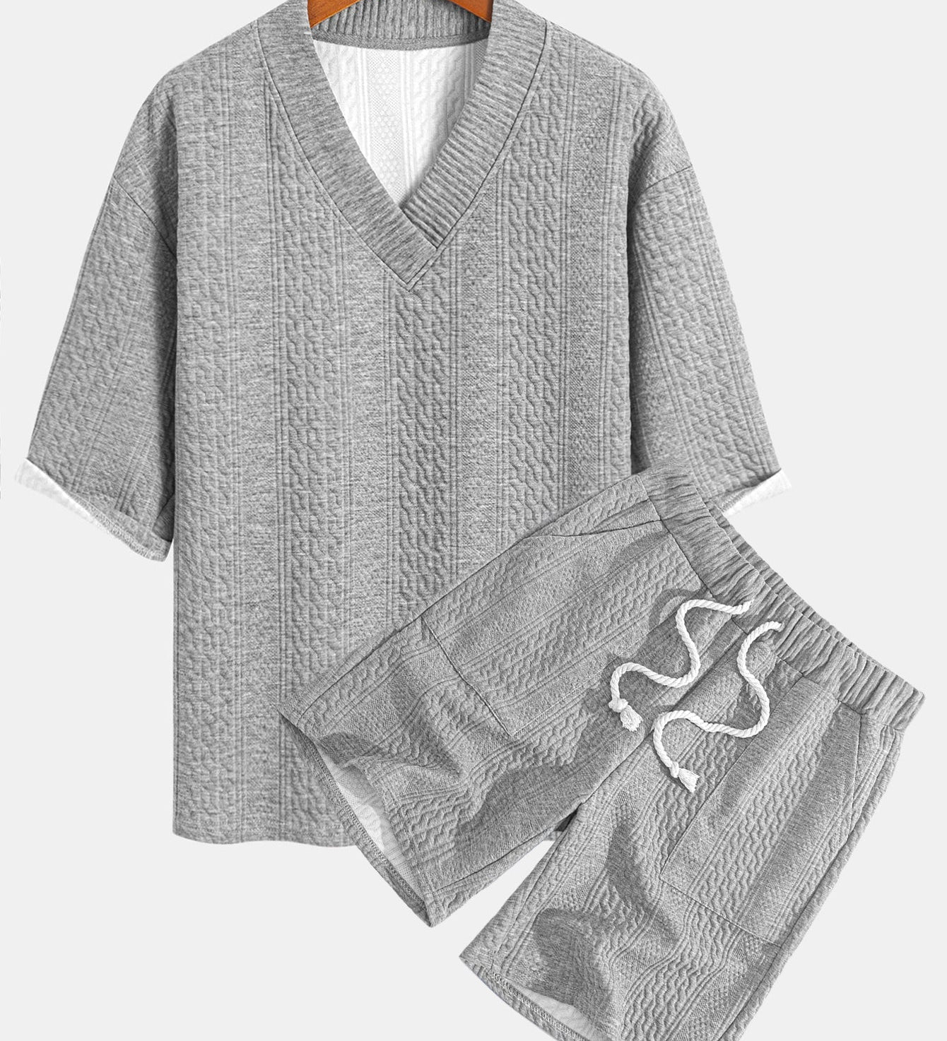 Relaxed Fit Geometric Jacquard V-Neck T-Shirt with Three-Quarter Sleeves and Shorts