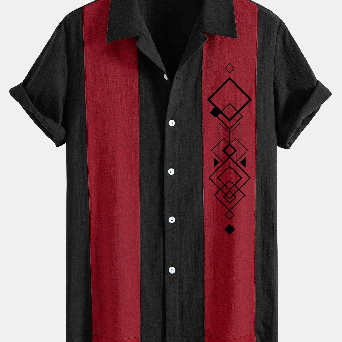 Geometric Rhombus Print Linen-Style Patchwork Bowling Shirt