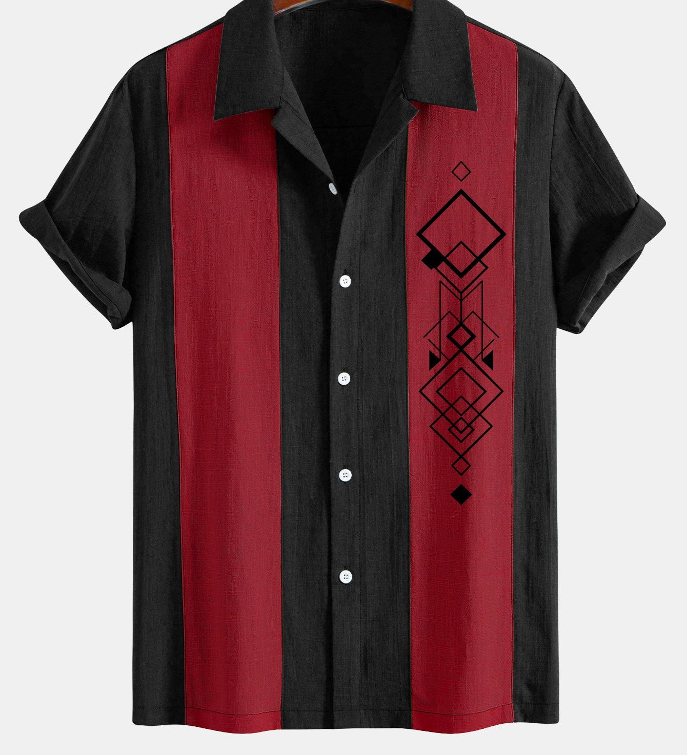 Geometric Rhombus Print Linen-Style Patchwork Bowling Shirt