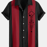 Geometric Rhombus Print Linen-Style Patchwork Bowling Shirt