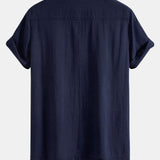 Geometric Rhombus Print Linen-Style Patchwork Bowling Shirt