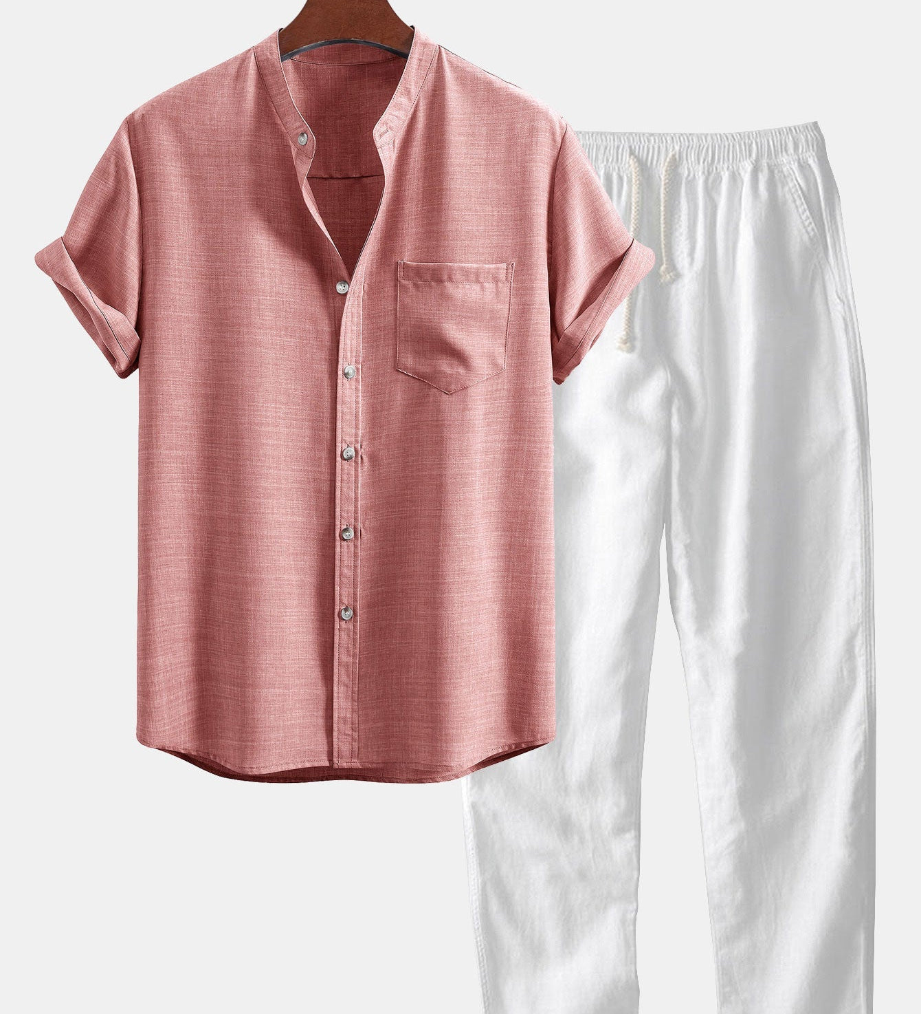 Short Sleeve Stand Collar Shirt with Straight Leg Linen Trousers