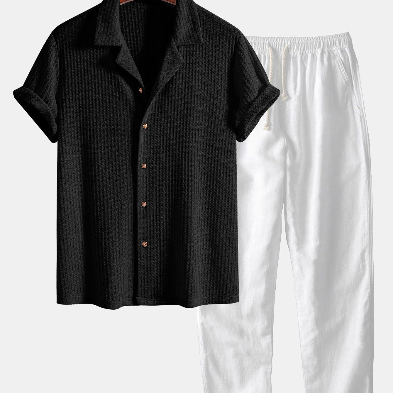 Cuban Collar Short Sleeve Knitted Waffle Shirt with Straight Leg Linen Trousers