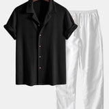 Cuban Collar Short Sleeve Knitted Waffle Shirt with Straight Leg Linen Trousers