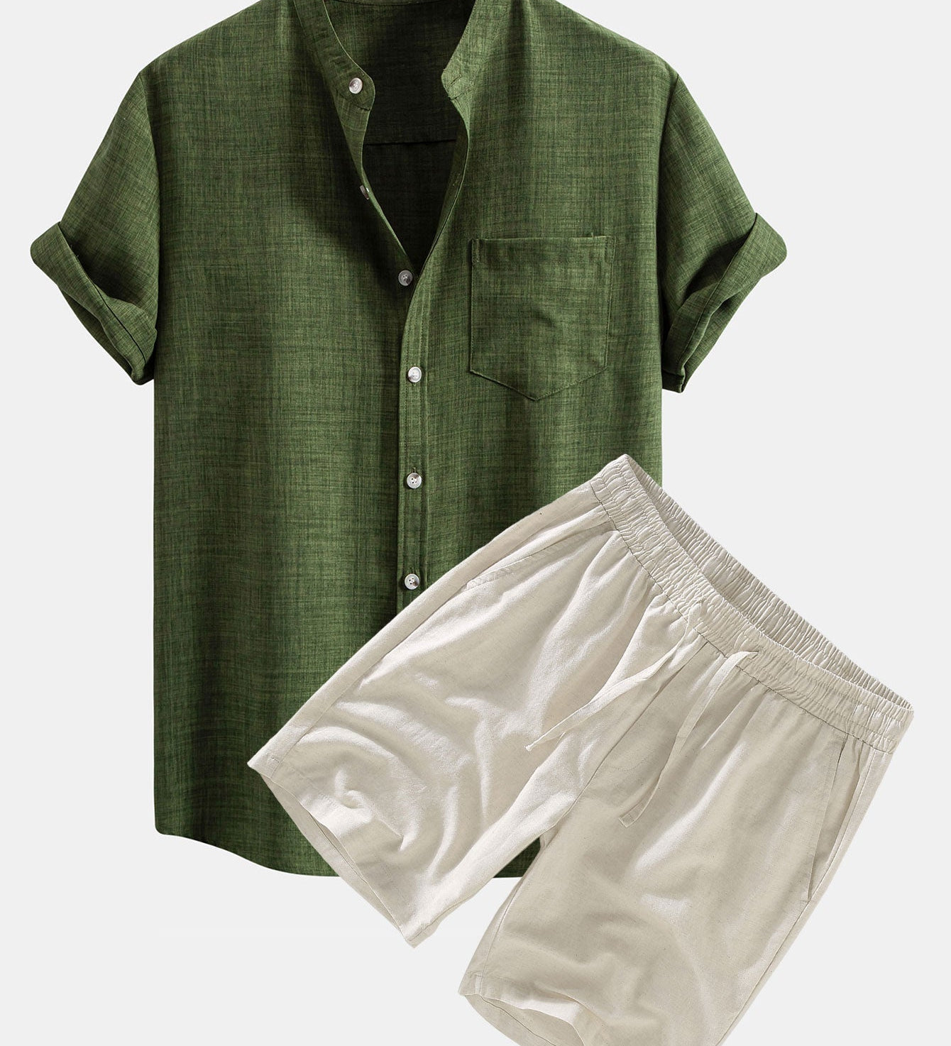 Short Sleeve Stand Collar Shirt with Linen Drawstring Shorts