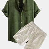Short Sleeve Stand Collar Shirt with Linen Drawstring Shorts