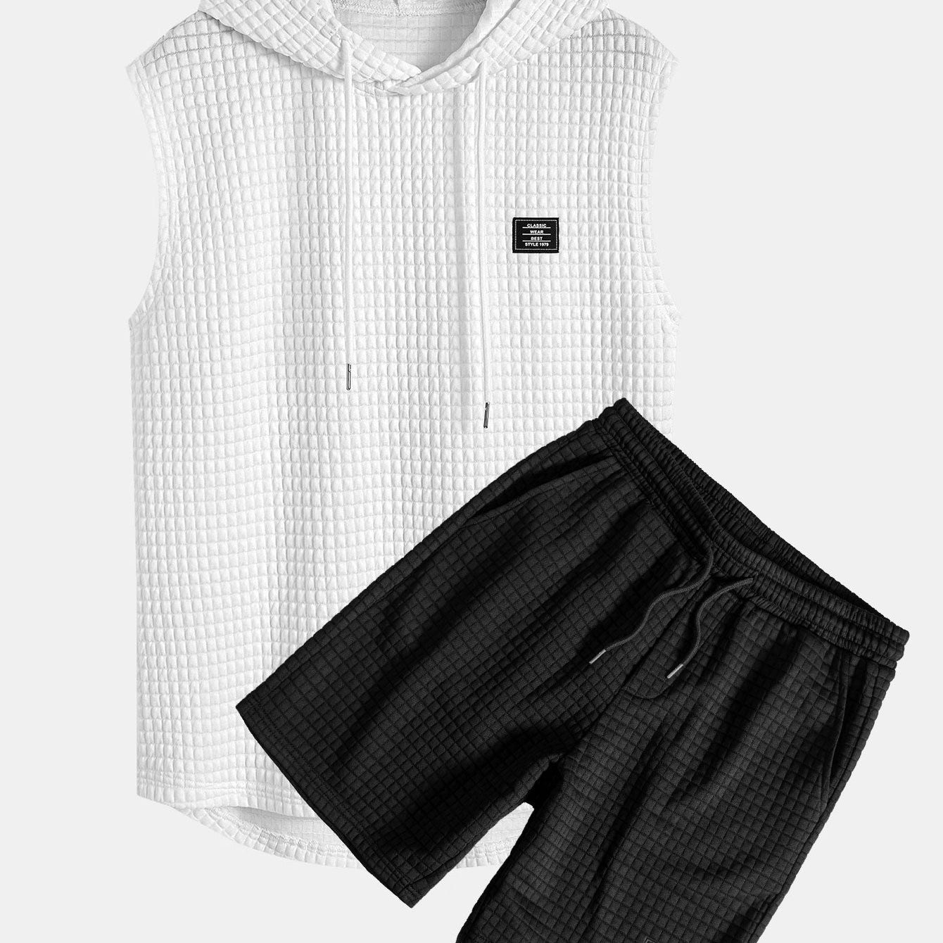 Waffle Knit Sleeveless Hooded Vest and Drawstring Shorts Set
