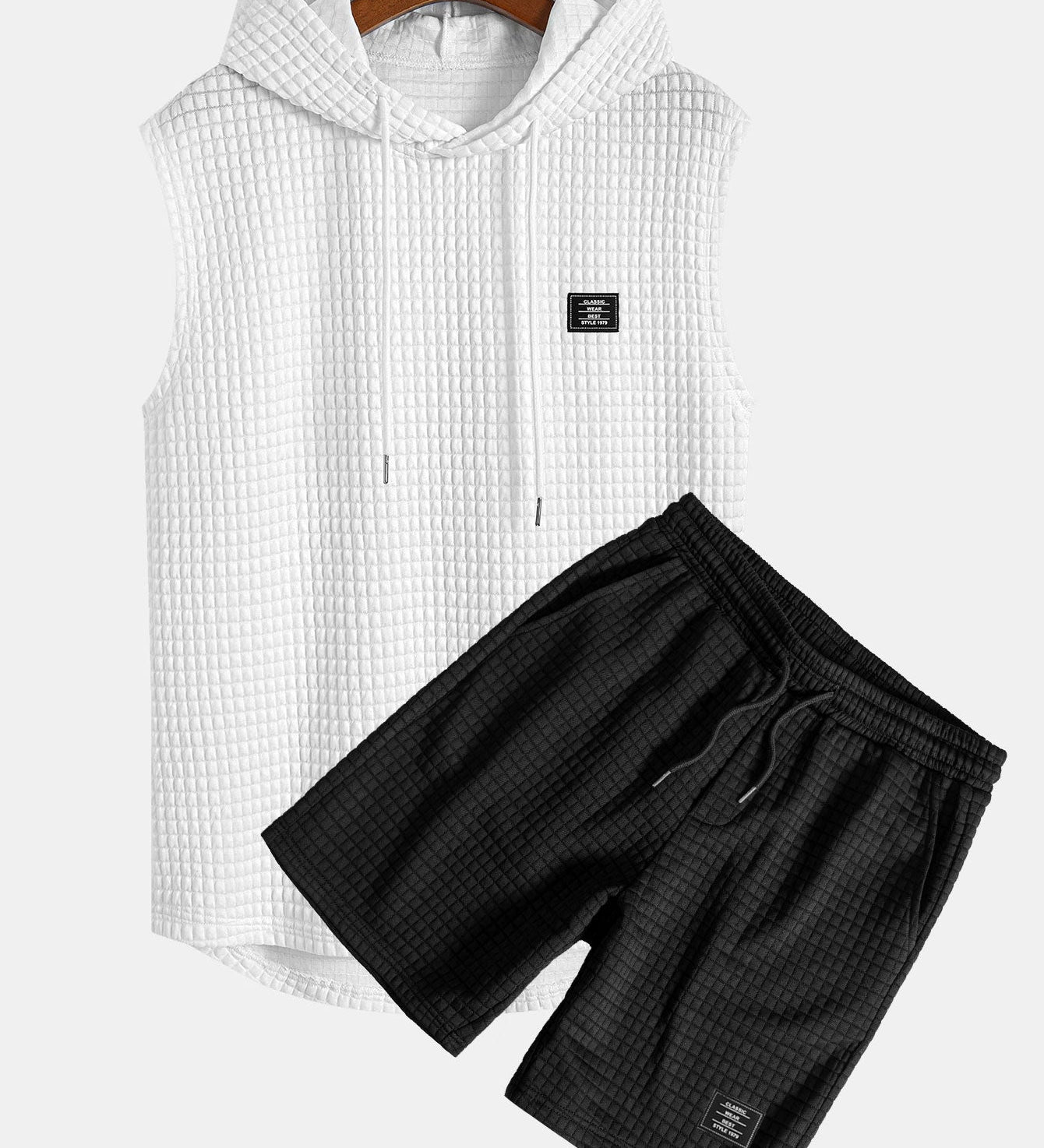 Waffle Knit Sleeveless Hooded Vest and Drawstring Shorts Set