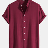 Linen-Rayon Blend Stand Collar Shirt with Linen-Cotton Blend Drawstring Shorts