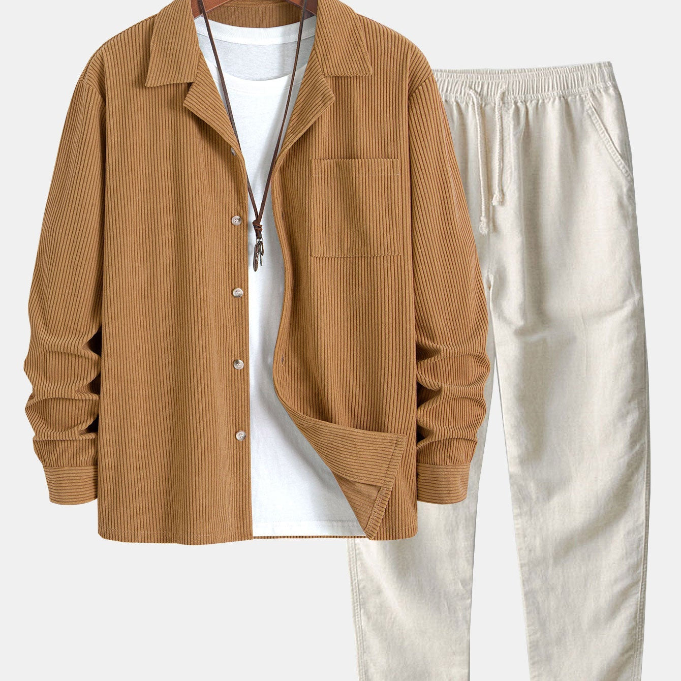 Corduroy Long Sleeve Cuban Collar Shirt with Straight Leg Linen Trousers