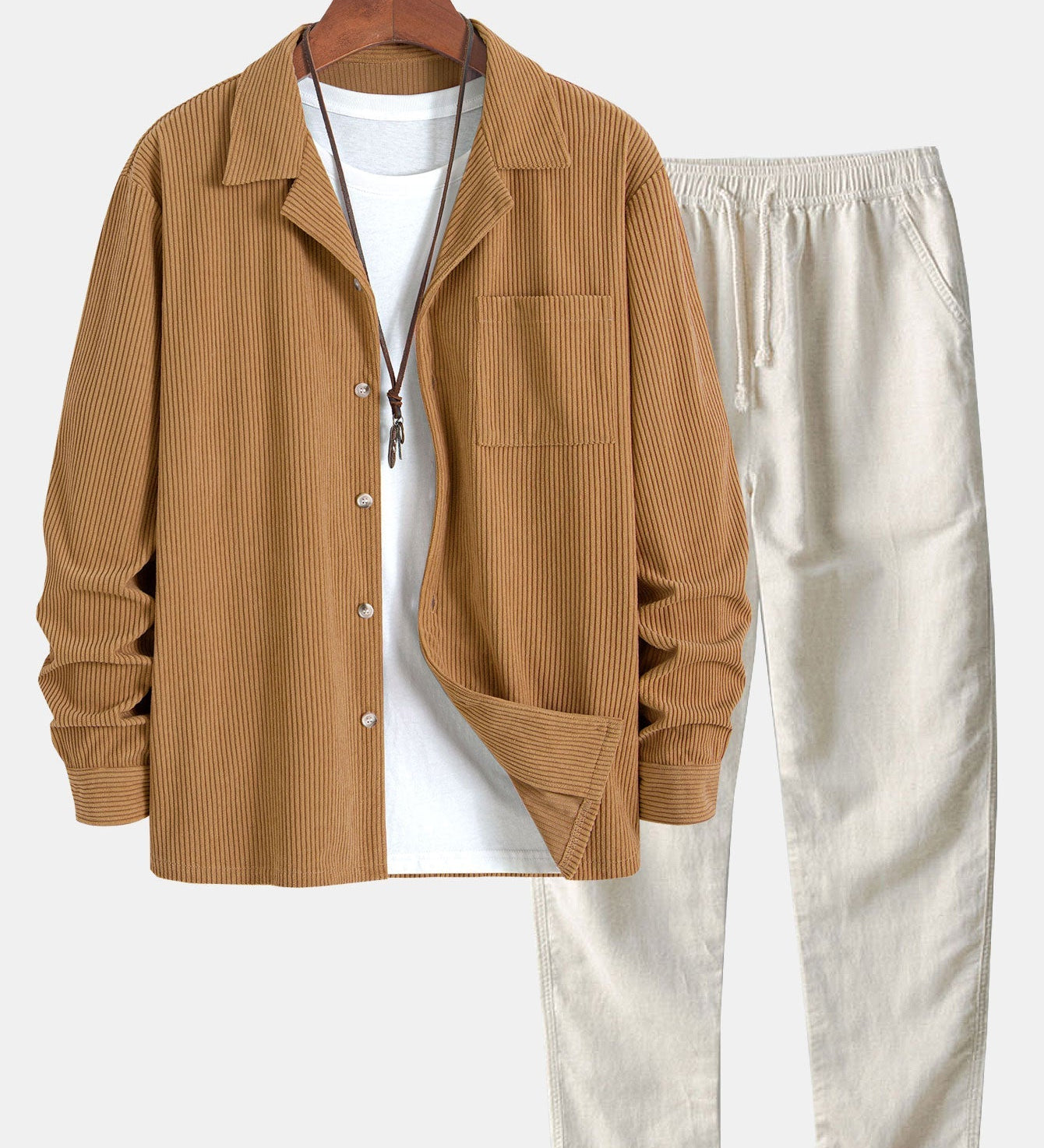 Corduroy Long Sleeve Cuban Collar Shirt with Straight Leg Linen Trousers