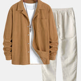 Corduroy Long Sleeve Cuban Collar Shirt with Straight Leg Linen Trousers