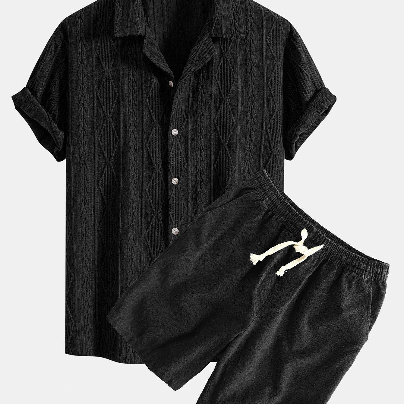 Geometric Jacquard Cuban Shirt with Linen-Cotton Blend Shorts