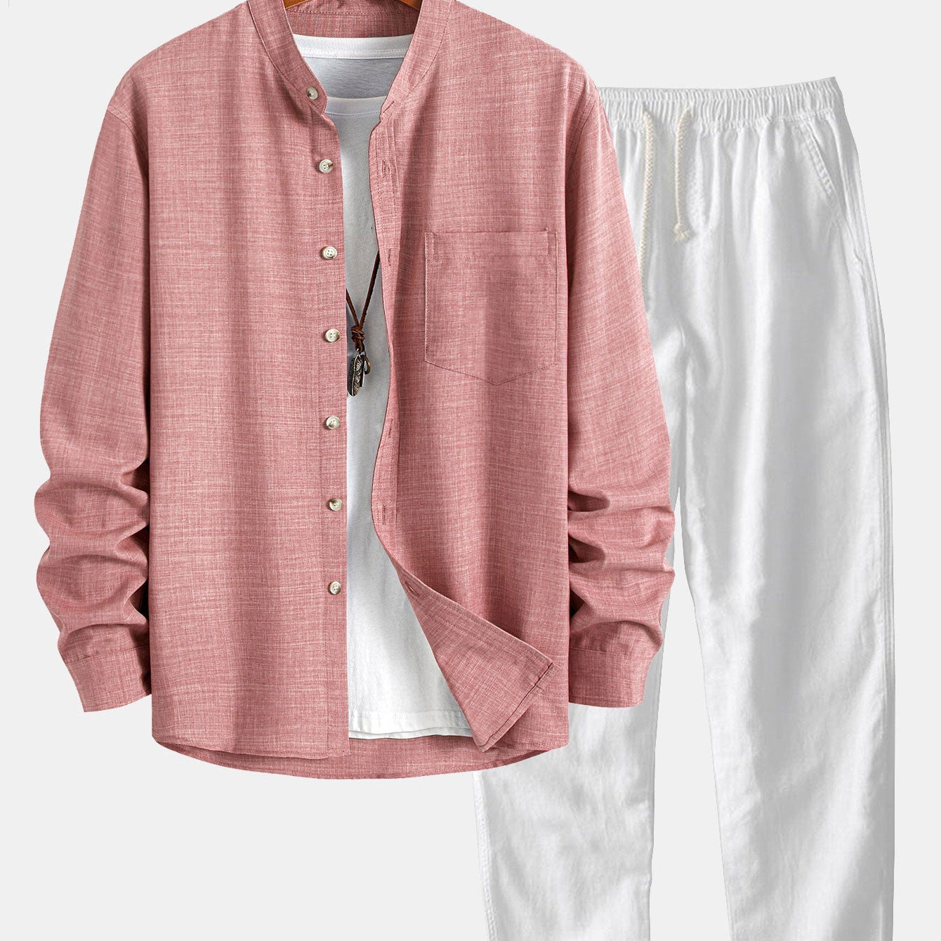 Long Sleeve Stand Collar Top with Straight Leg Linen Trousers