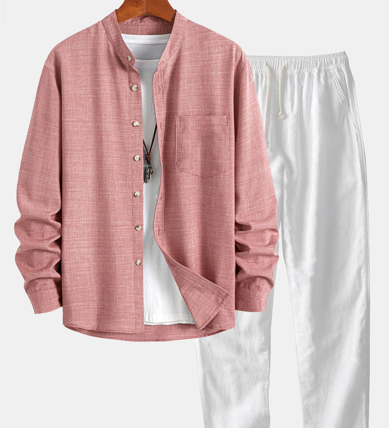 Long Sleeve Stand Collar Top with Straight Leg Linen Trousers