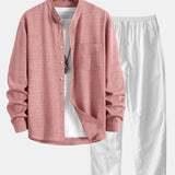 Long Sleeve Stand Collar Top with Straight Leg Linen Trousers