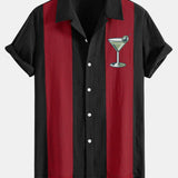 Retro Martini Cocktail Print Linen-Style Patchwork Bowling Shirt