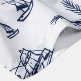 Island-Inspired Sailing Print Button-Up Shirt & Vertical Stripe Drawstring Swim Shorts