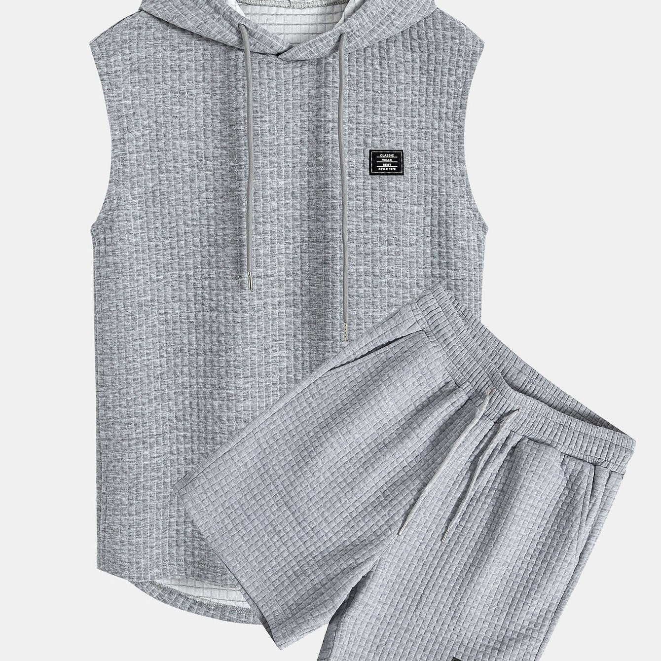 Waffle Knit Sleeveless Hooded Vest and Drawstring Shorts Set