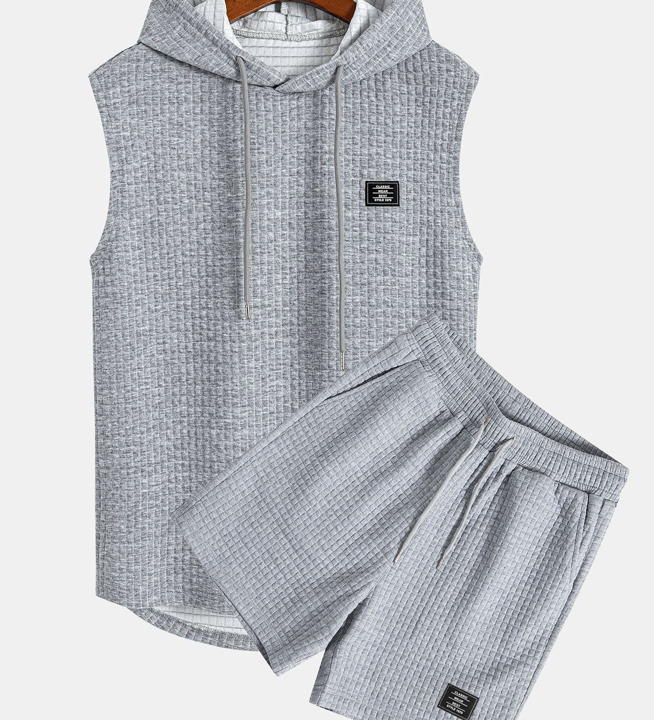 Waffle Knit Sleeveless Hooded Vest and Drawstring Shorts Set