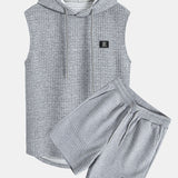 Waffle Knit Sleeveless Hooded Vest and Drawstring Shorts Set
