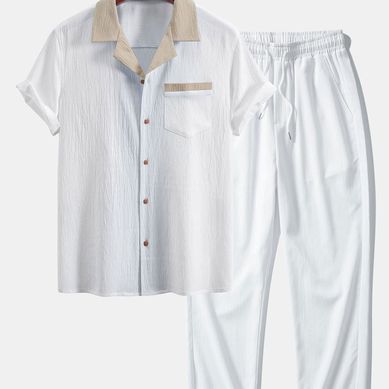 Textured Cuban Shirt with Contrast Details & Straight-Leg Trousers