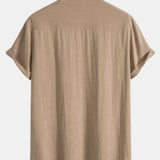 Linen-Rayon Blend Stand Collar Shirt with Linen-Cotton Blend Drawstring Shorts