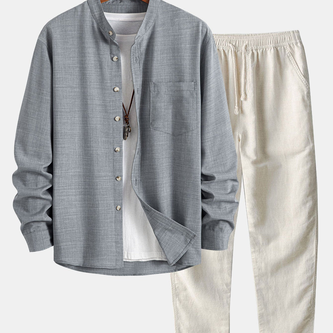 Long Sleeve Stand Collar Top with Straight Leg Linen Trousers