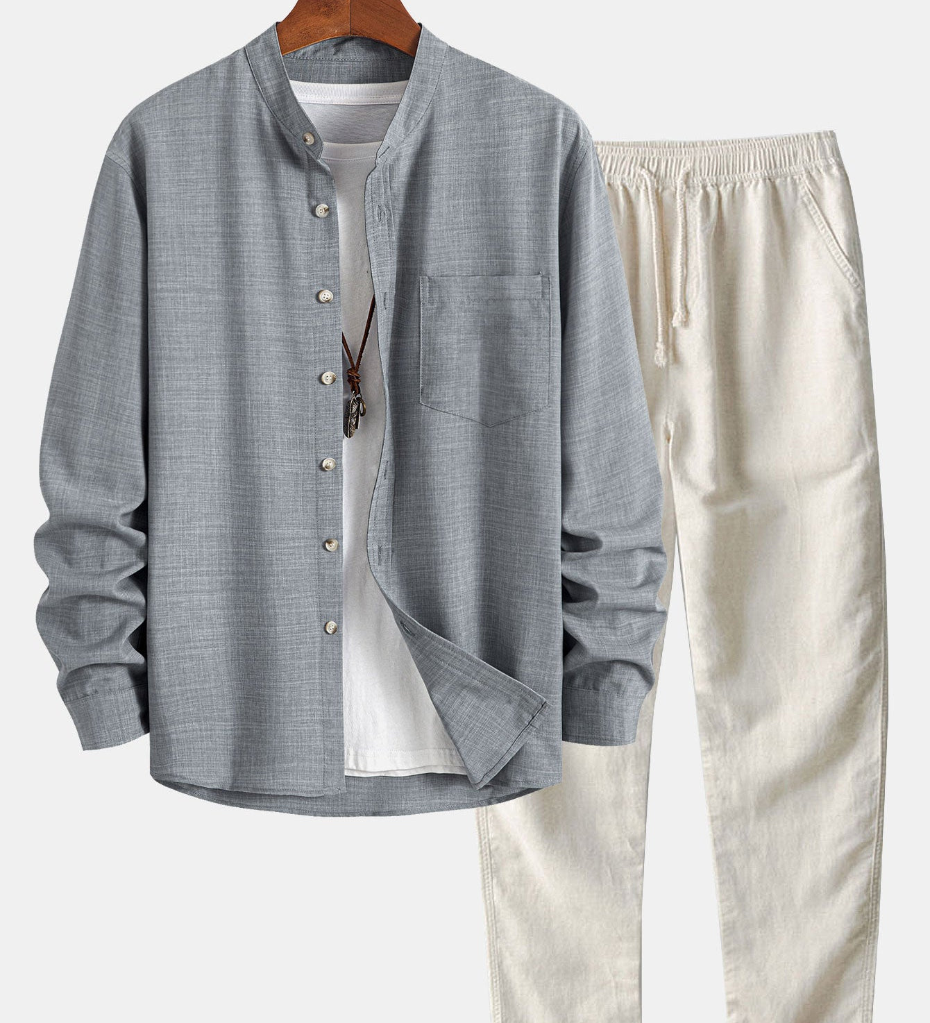 Long Sleeve Stand Collar Top with Straight Leg Linen Trousers