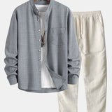 Long Sleeve Stand Collar Top with Straight Leg Linen Trousers