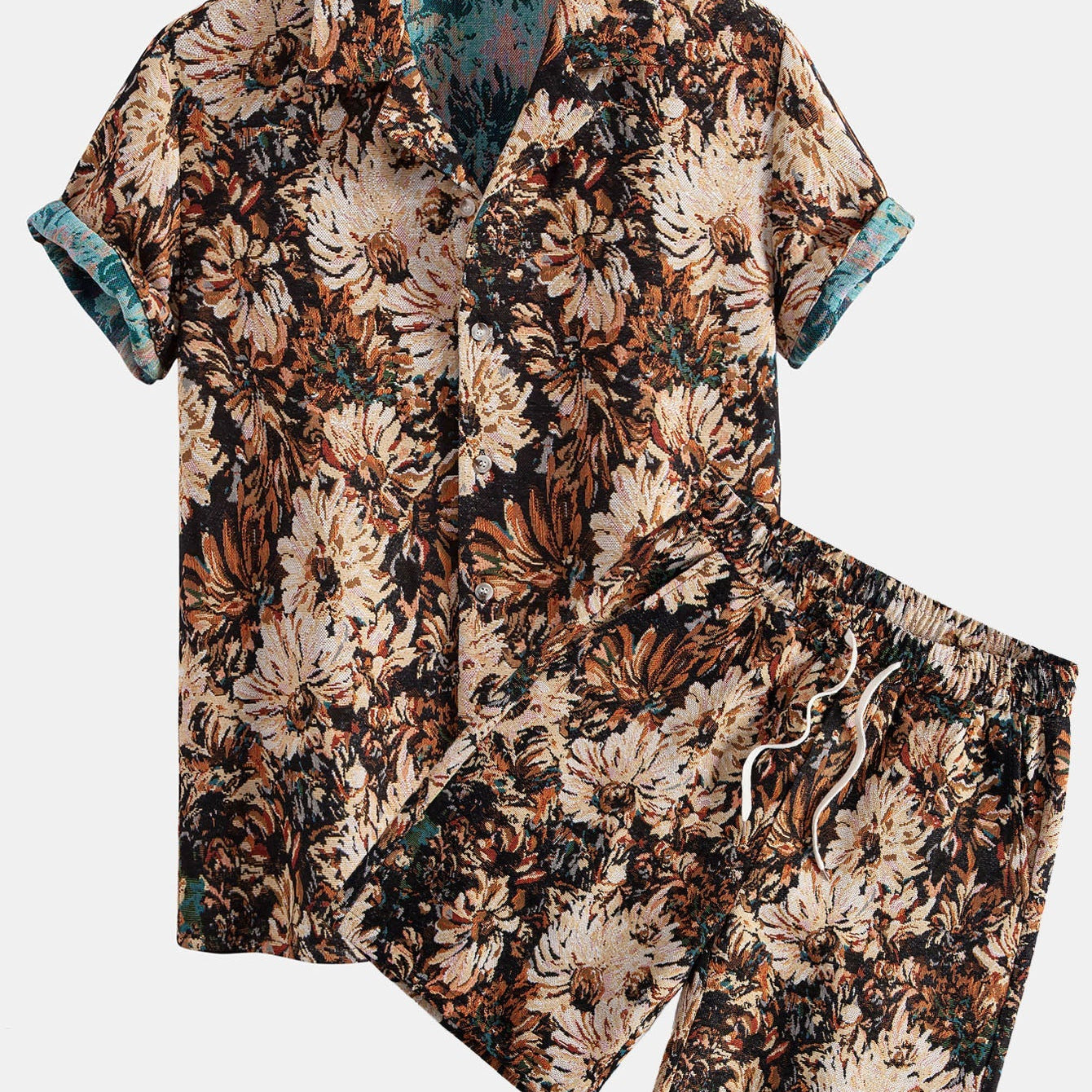 Floral Jacquard Cuban Shirt and Shorts Set