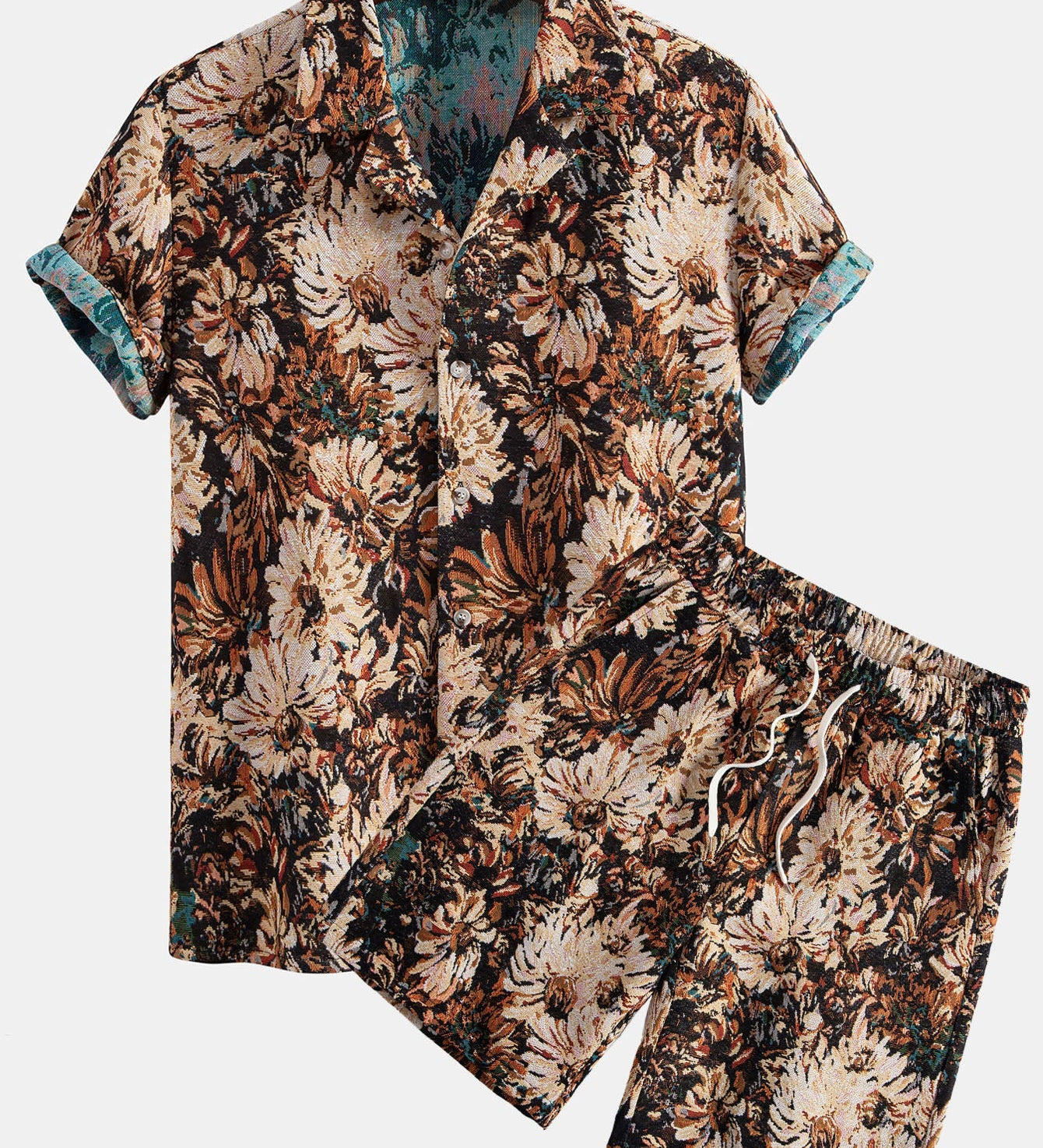 Floral Jacquard Cuban Shirt and Shorts Set